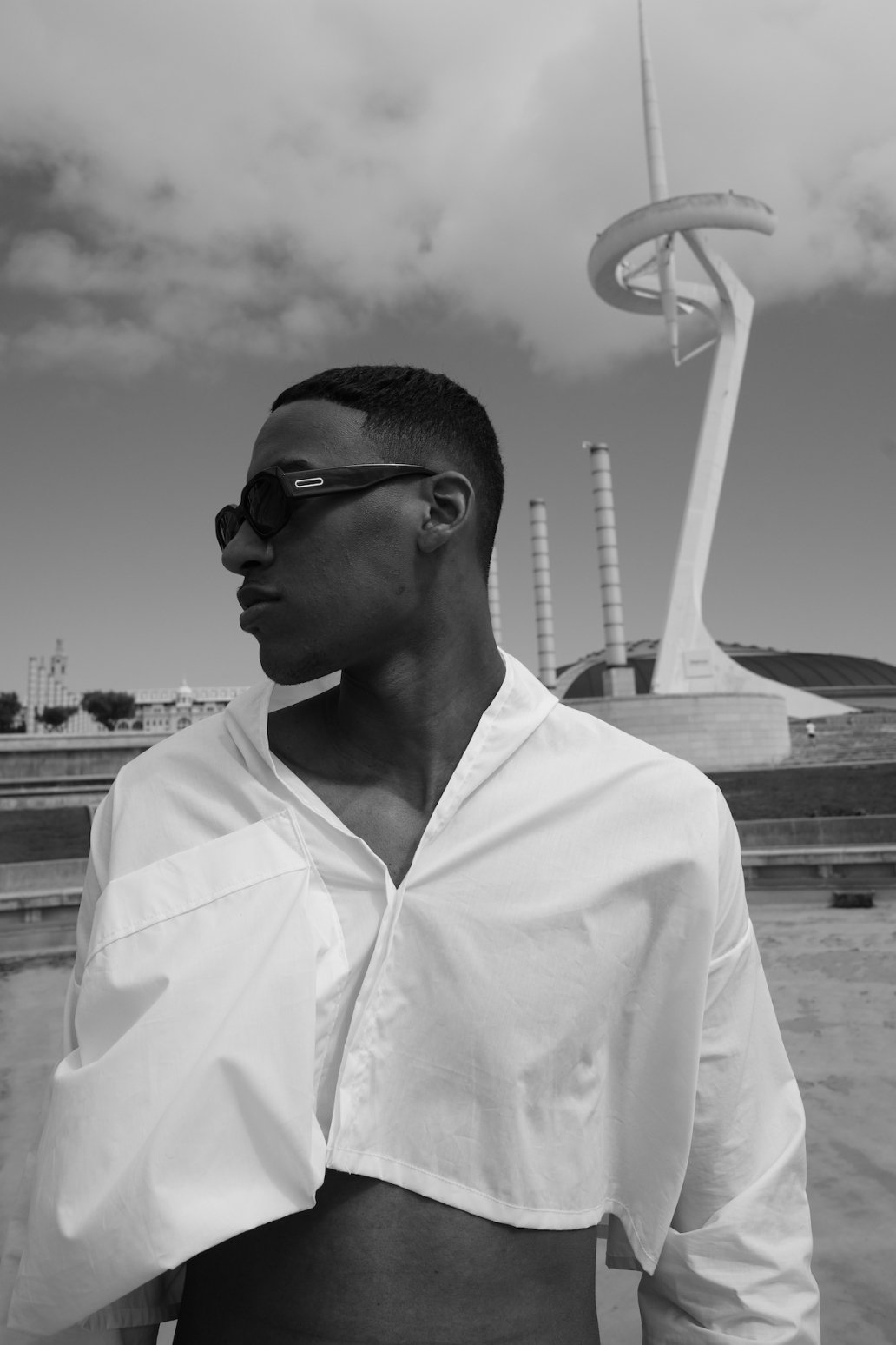 Black and white Fashion architecture photoshoot man editorial Lupe Giraldo Barcelona Sebastien franca