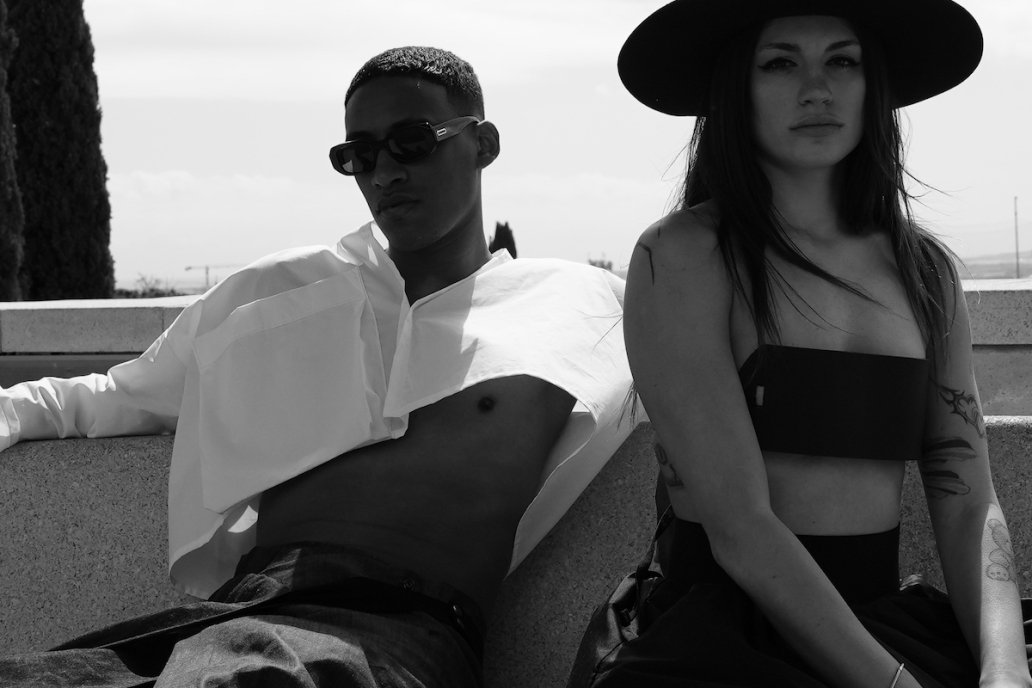 Black and white fashion architecture photoshoot editorial couple Lupe Giraldo Barcelona Sebastien franca