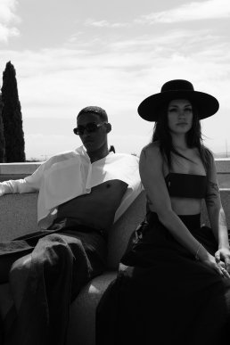 Black and white fashion architecture photoshoot editorial couple Lupe Giraldo Barcelona Sebastien franca
