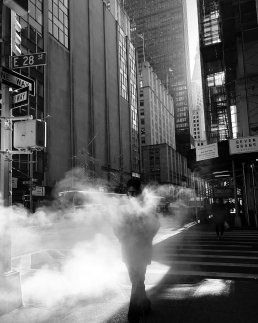 Black and white street photography New York mist gentleman