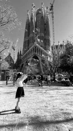 Black and white fine art photography small girl Sagrada Familia Barcelona