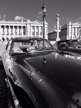 Black and white photography vintage car concorde Eiffel Tower Paris