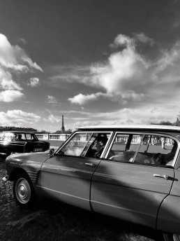 Black and white photography vintage French car concorde Eiffel Tower Paris France