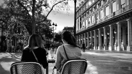 Black and white architectural photography terrace girls Paris