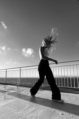 Black and white photography stylish girl on boat