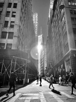 Black and white street people light reflexion One World Trade Center New York