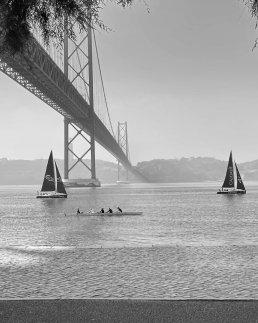 black and white photography sailing boats Bridge Lisboa