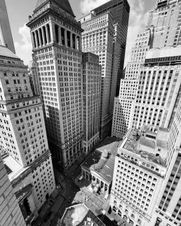 Black and white iconic architectural photography Wall Street building Manhattan