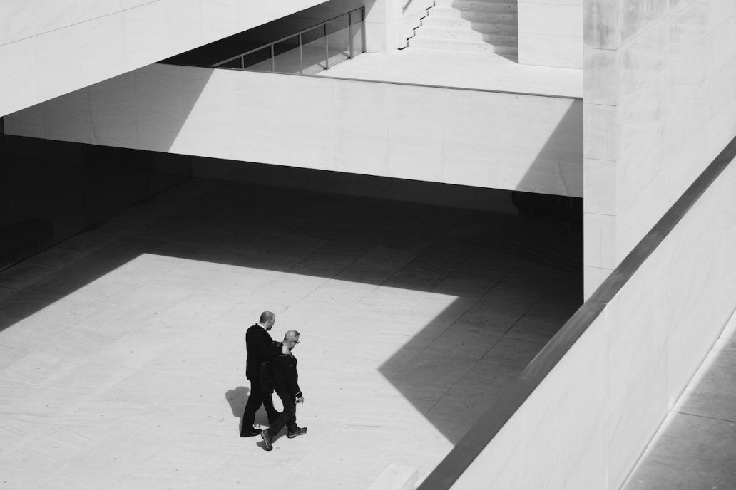 Architectural Photography black and white walking men Barcelona Spain Photographer Sebastien Franca Fine Art