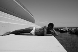 Black and white fashion photoshoot man swimsuit closeup architecture design two management Barcelona sebastien Franca