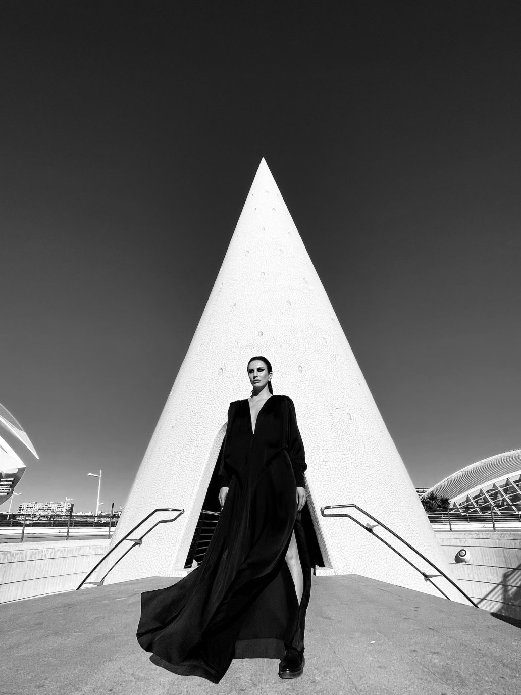 Pyramid fashion photoshoot architecture black and white Valencia Spain Sebastien Franca
