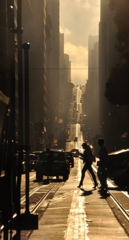 Iconic Fine art street photography woman high heels crossing street in San Francisco California USA