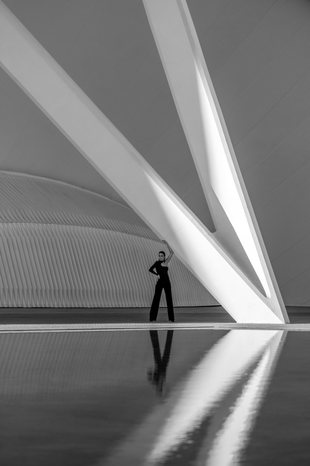 Architectural Photography woman reflexion The city of arts and sciences Valencia Spain Santiago Calatrava Architectural Photographer Sebastien Franca Fine Art